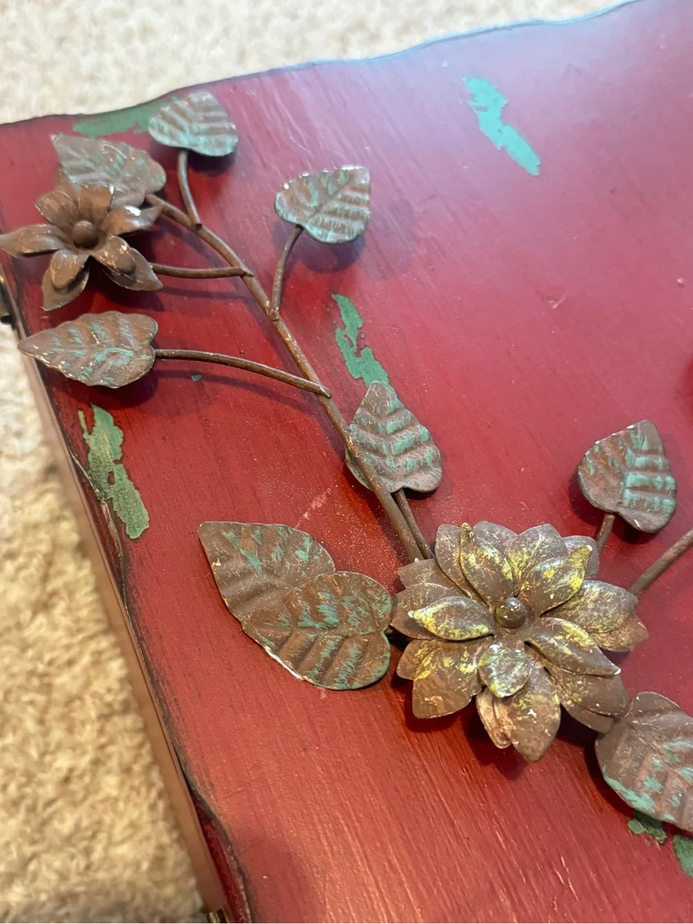 Vintage-Style Red Decorative Jewelry Box with Floral Metal Accent